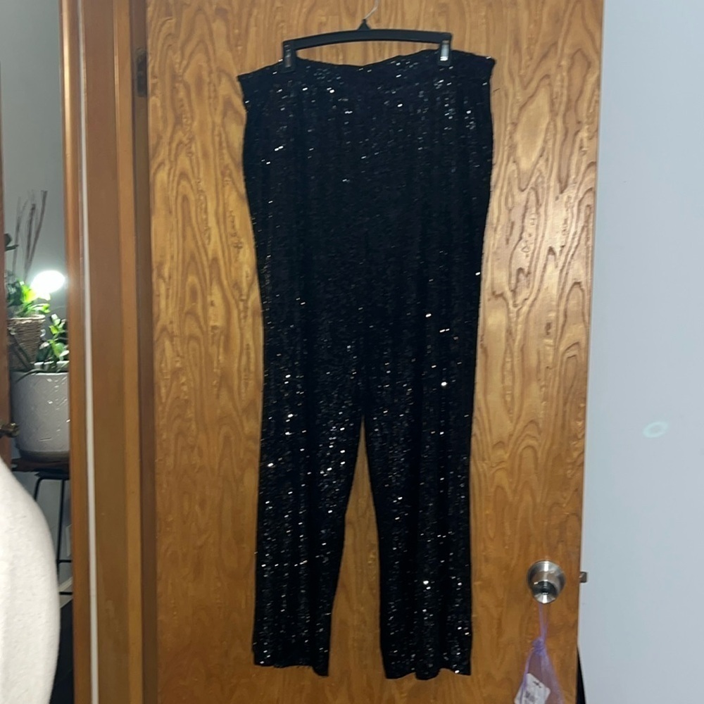 CABLE & GAUGE Black Sequin Pull-On Wide Leg Pant Trouser Lined Plus Size XL